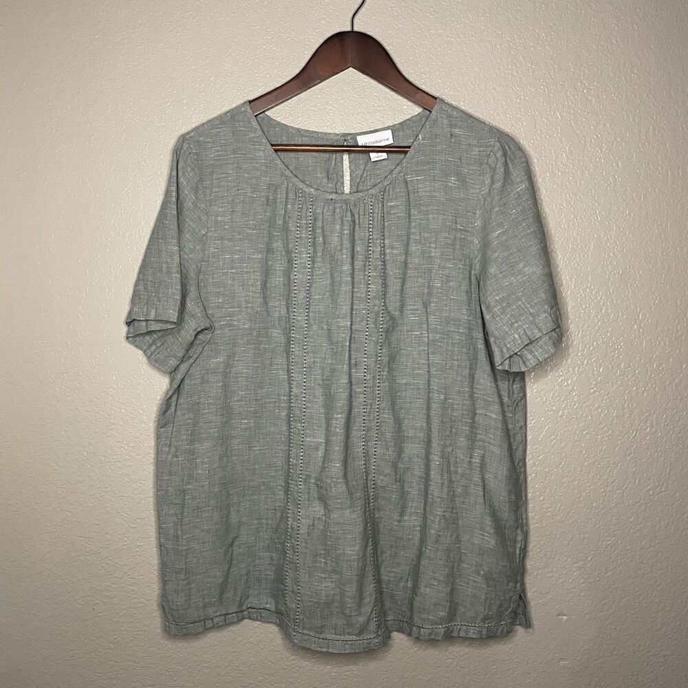 Liz Claiborne Womens Large Green Linen Cotton Short Sleeve Keyhole Boho Top